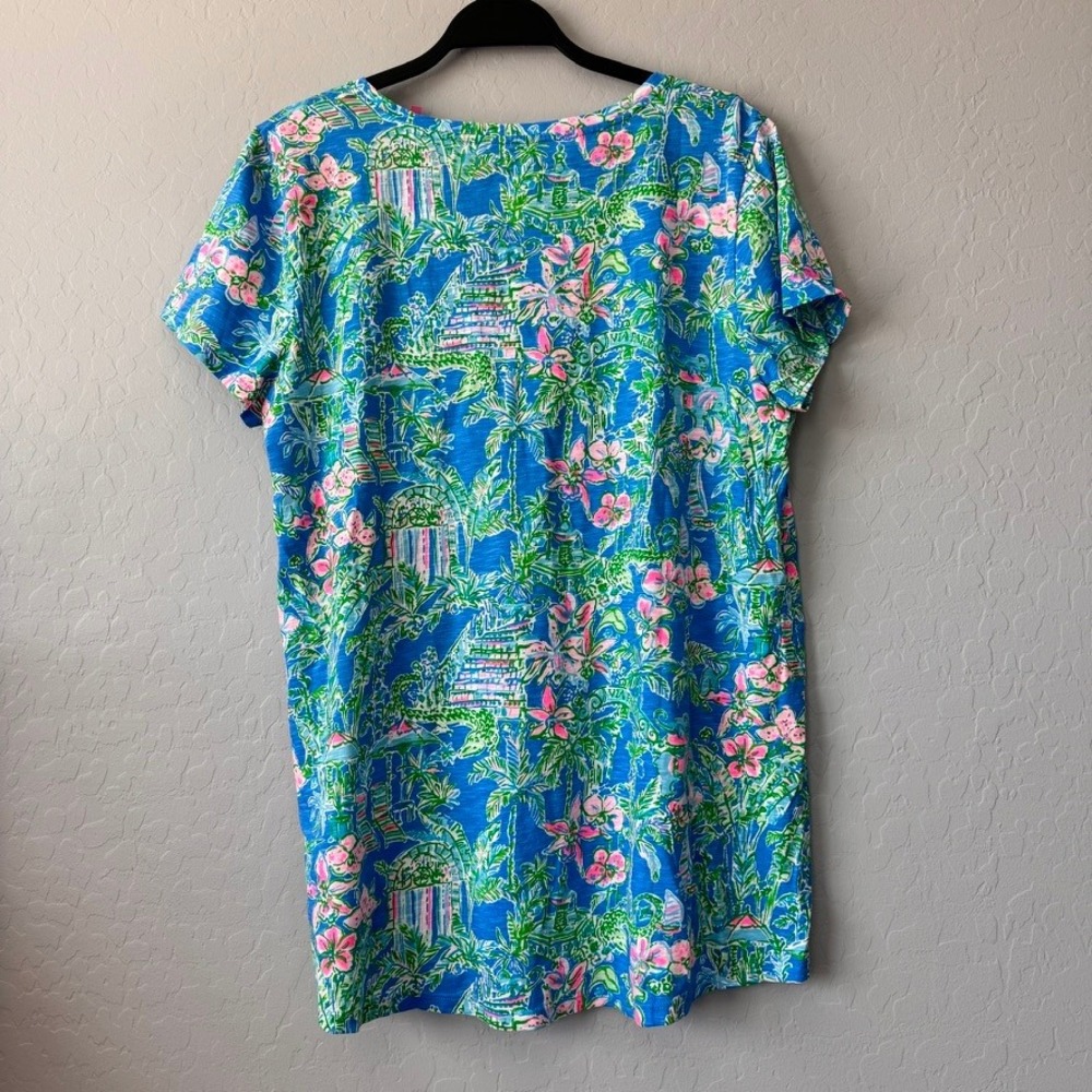 Lilly Pulitzer XL Etta VNeck Top Boca Blue Beneath the Bougainvillea ShortSleeve - Picture 2 of 5